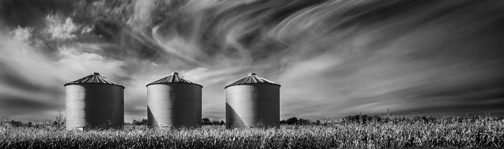 silos in a november cornfield panorama